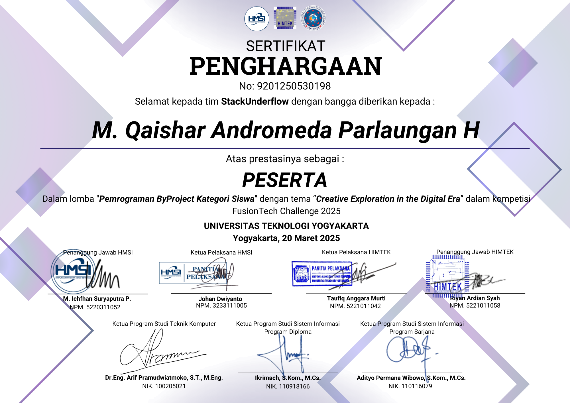 Programming by Project Competition Participation Certificate