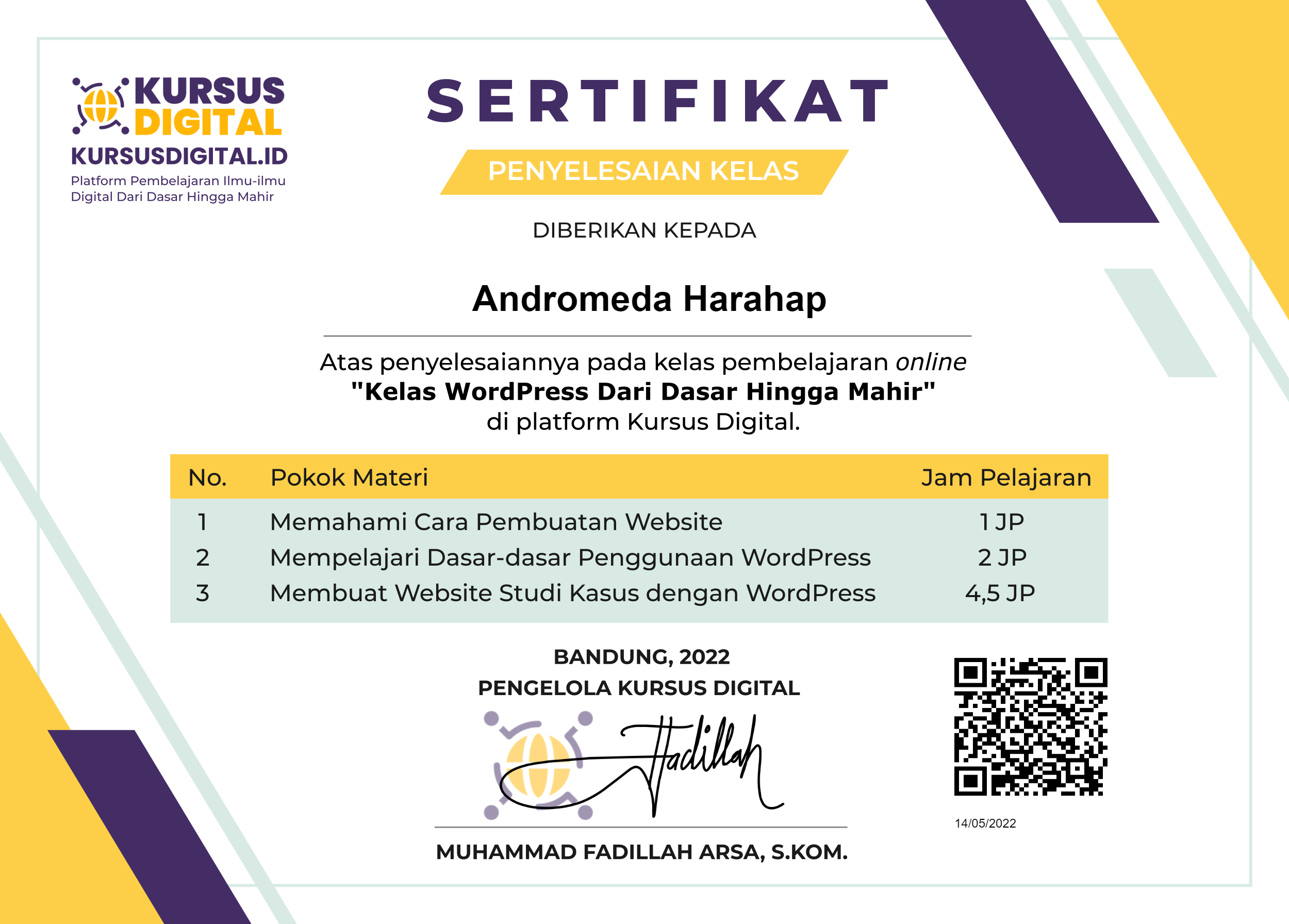 WordPress Certificate by KursusDigital.id